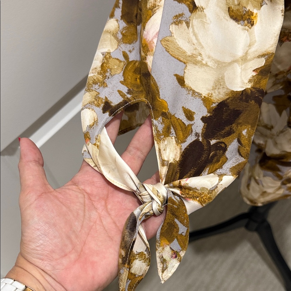Lafayette 148 New York Floral V-Neck Blouse in Cream and Olive - Picture 2 of 5